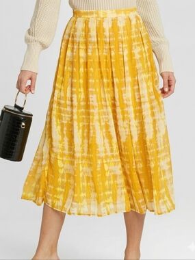 WHO WHAT WEAR Yellow Tie Dye Pleated A-Line Midi Skirt Lightweight Spring Sz 16